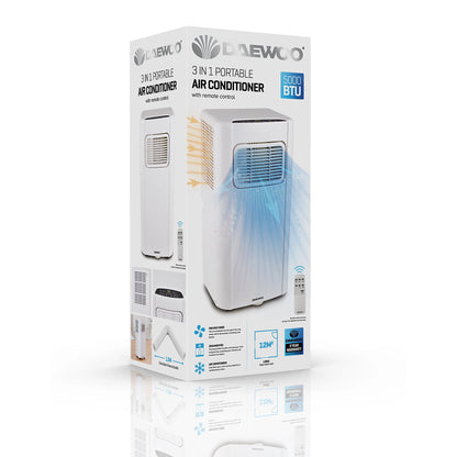 Climatiseur portable 3-en-1 Daewoo pour chambre ou bureau, unité AC 5000 BTU avec déshumidificateur et ventilateur, télécommande - Blanc