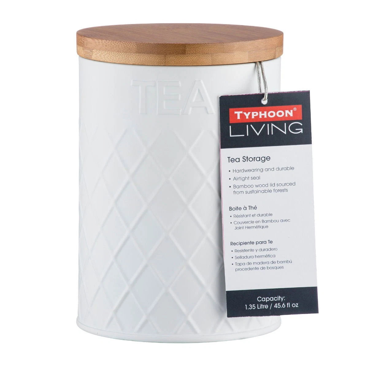 TYPHOON EMBOSSED GEOMETRIC WHITE TEA STORAGE CANISTER TIN POT AIRTIGHT SEAL 1.35L