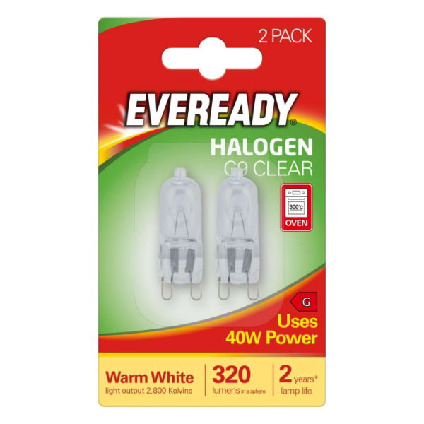 S819 Eveready Halogen G9 Capsule 320lm 40W 2,800K (Warm White), Blister of 2
