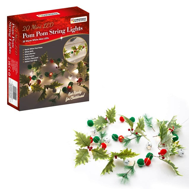 Christmas Workshop 20 LED Pompom Leaves Red Berry Micro String Light