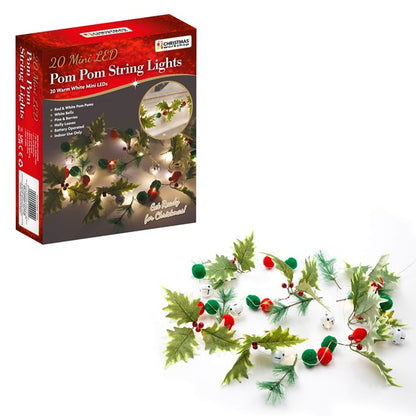 Christmas Workshop 20 LED Pompom Leaves Red Berry Micro String Light