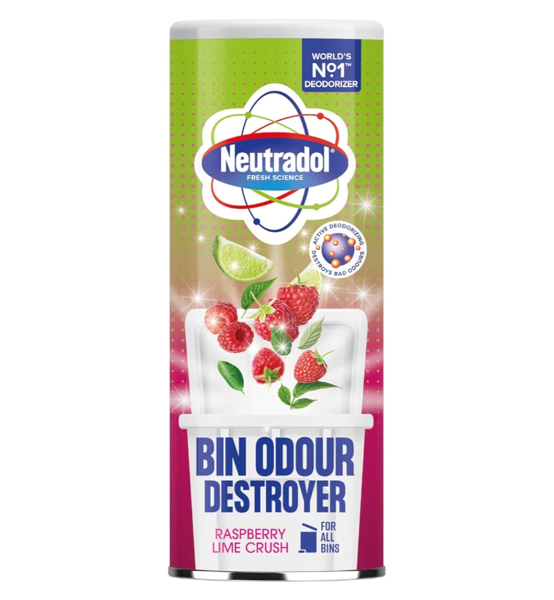 Neutradol Dustbin Odour Destroyer, Bin Freshener Deodorising Powder, Odour Eliminator for Indoor & Outdoor Bins, Raspberry Lime Crush 350g