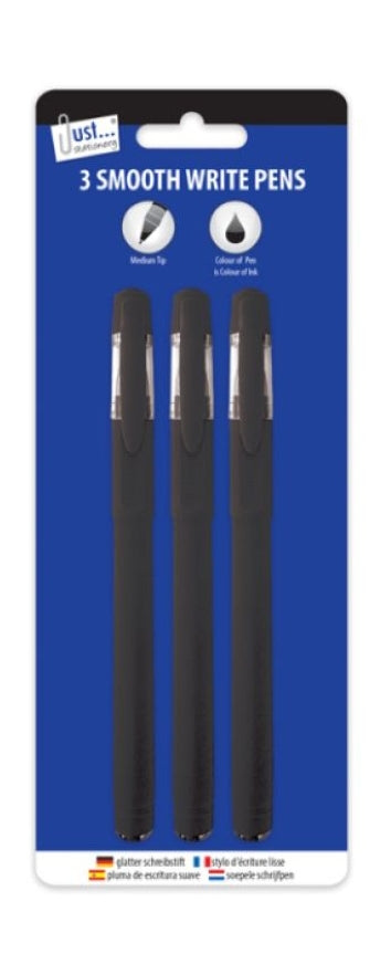 Stylos Just Stationery Smooth Write. Encre à faible viscosité pour une application fluide sur le papier. Disponible en Bleu, Noir et Bleu/Noir/Rouge.