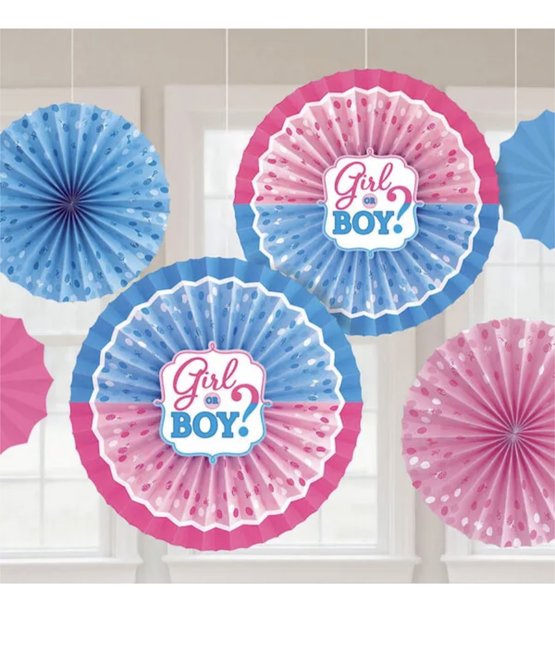 Gender Reveal Baby Shower Card Fan Hanging Decorations x 6