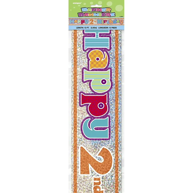 UNIQUE PARTY 2ND BIRTHDAY HOLOGRAPHIC FOIL PARTY BANNER 12FT - MULTICOLOUR