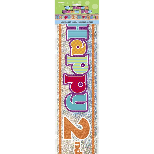 UNIQUE PARTY 2ND BIRTHDAY HOLOGRAPHIC FOIL PARTY BANNER 12FT - MULTICOLOUR