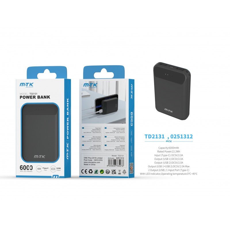 MTK Power Bank 6000mAh Portable Charger -Dual USB Output -Model TD2131
