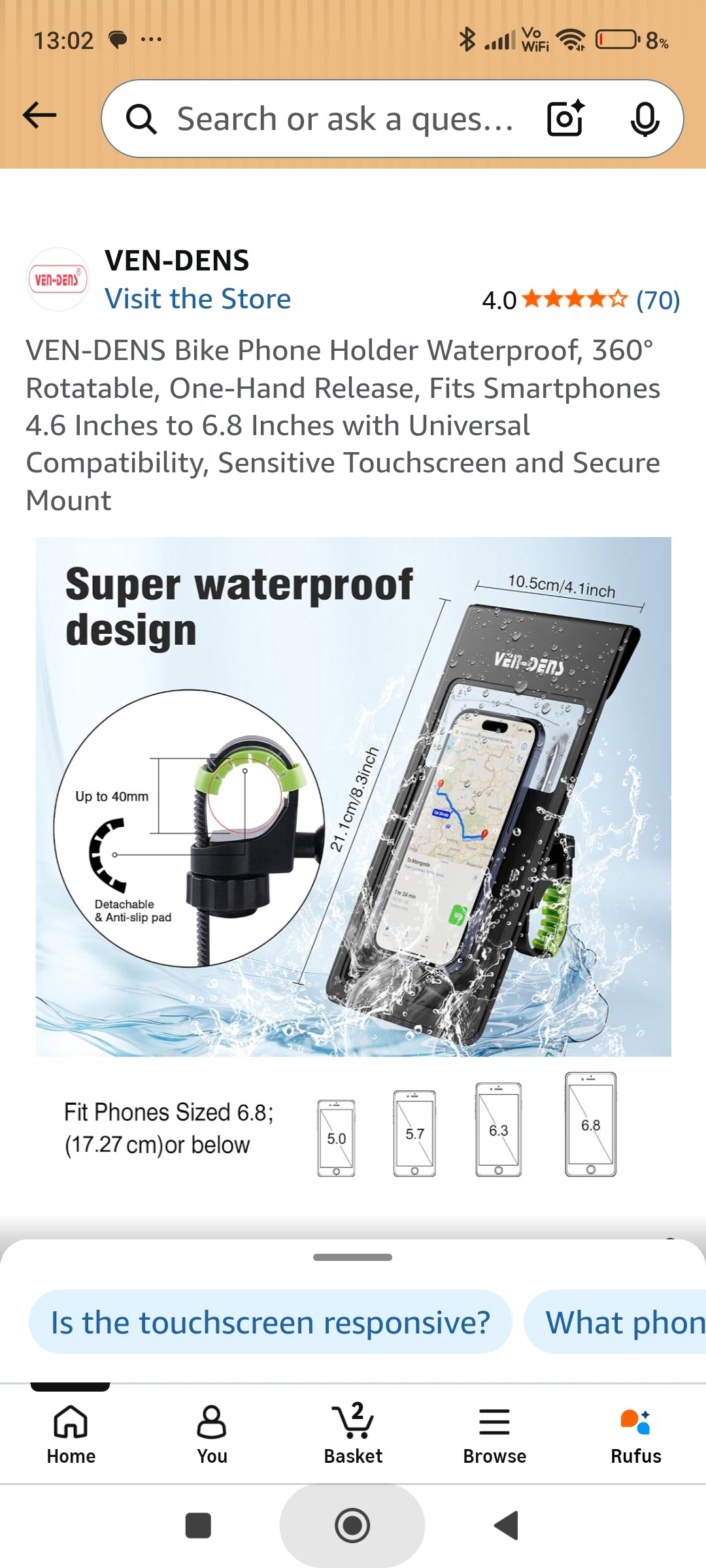 VEN-DENS Bike Phone Holder Waterproof, 360° Rotatable, One-Hand Release, Fits Smartphones
