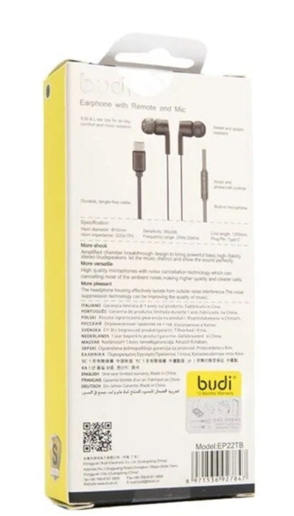 BUDI TYPE-C EARPHONE STEREO SOUND WITH REMOTE AND MIC (1.2m) EP22TB