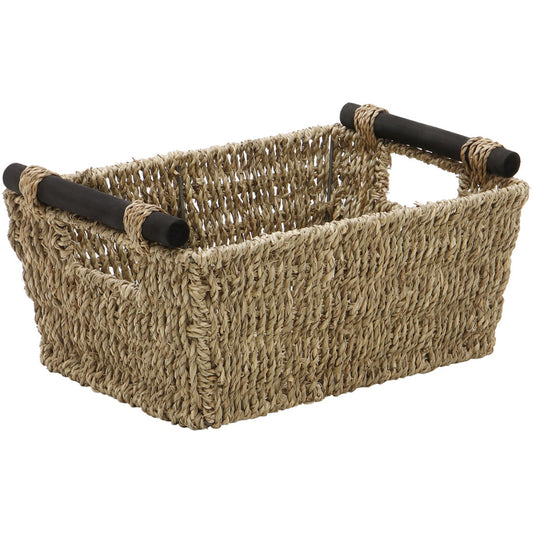 JVL Paniers de Rangement Étroits en Jonc de Mer avec Poignées en Bois, Petits Marron 27x18x13cm