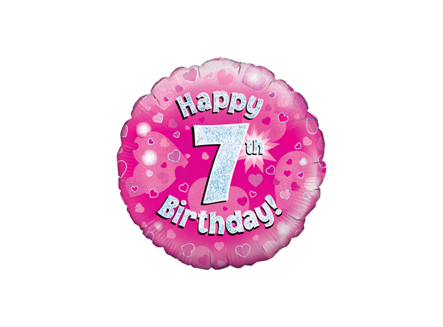 Oaktree Happy 7th holographic Helium balloon 18in Pink