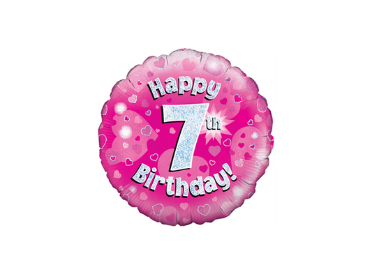 Oaktree Happy 7th holographic Helium balloon 18in Pink