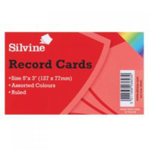 Silvine Record Cards Ruled 126x76mm Assorted Colours (Pack 100) - 553AC