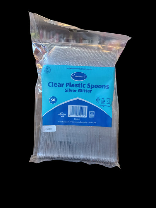 50 Cuillères en plastique transparent à paillettes argentées indispensables