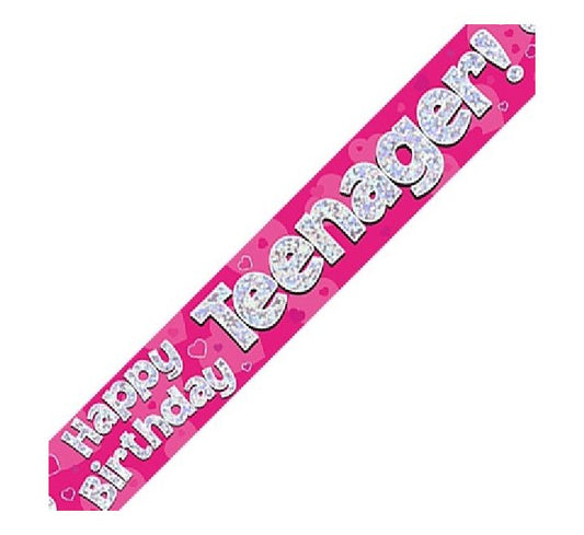 9FT HAPPY BIRTHDAY TEENAGER ! PINK HOLOGRAPHIC BANNER
