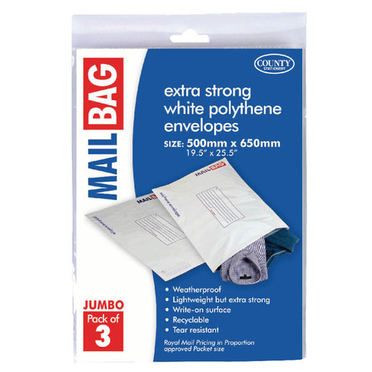 County Pack of 3 Jumbo Strong Polythene Mail Bag Envelopes 500 x 650mm