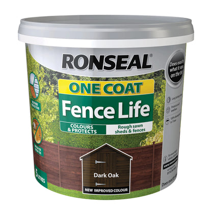 Peinture bois extérieure Ronseal One Coat Fence Life Chêne foncé mat pour clôtures et abris de jardin, pot de 5 L