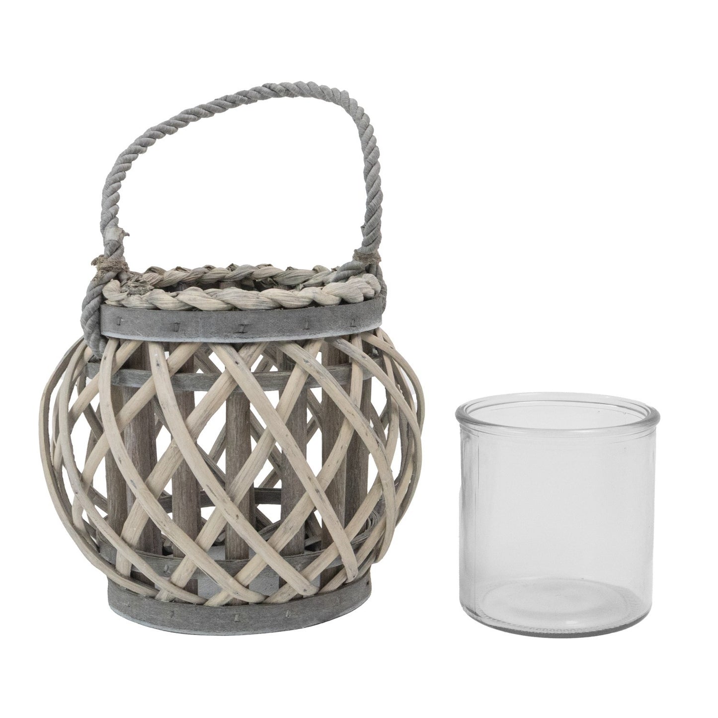 Jvl Natural Round Willow Wood Lantern With Braided Rope Handle - Grey Wash
