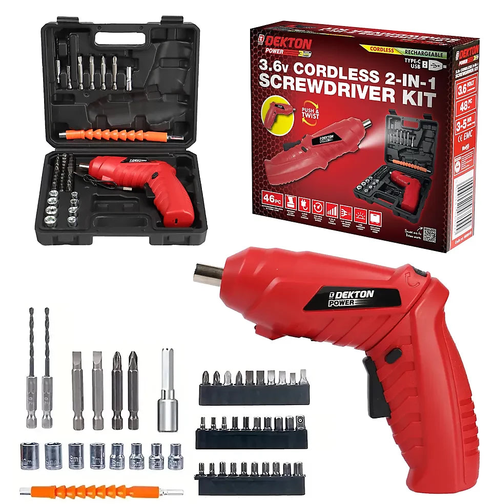 DEKTON CORDLESS SCREWDRIVER DRILL 3.6V ELECTRIC RECHARGEABLE BATTERY SET
