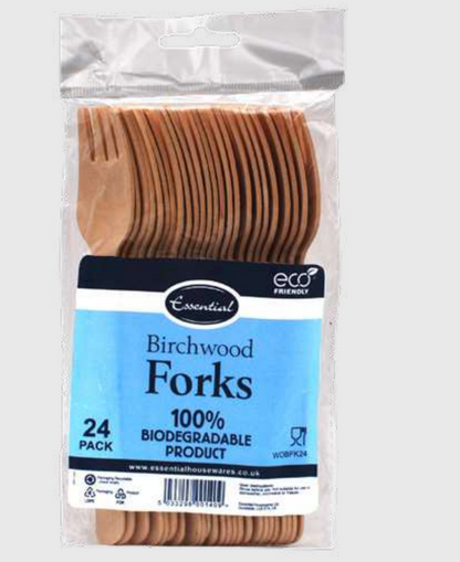 Fourchette en bois de bouleau biodégradable Essential, paquet de 100