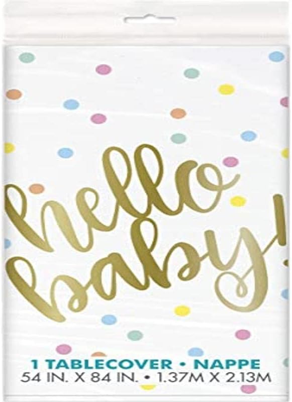 Hello Baby" Gold Baby Shower Plastic Tablecloth, 7ft x 4.5ft