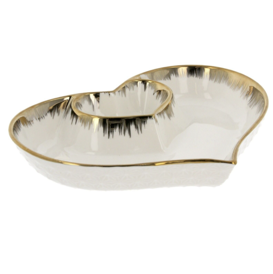 Plat de service en céramique 2 sections pour collations, plateau, trempette, apéritif, cœur, 23 cm