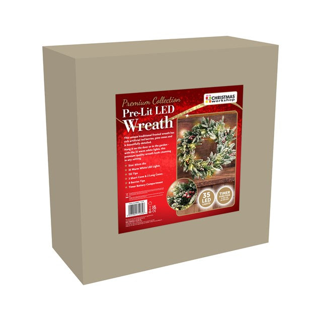 The Christmas Workshop Premium 60cm Pre-Lit Christmas Wreath / Indoor or Outdoor Use / 35 Warm White LED Lights