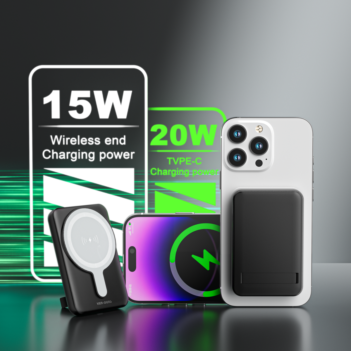 Ven-Dens 5000mah Magnetic Wireless Powerbank with Stand