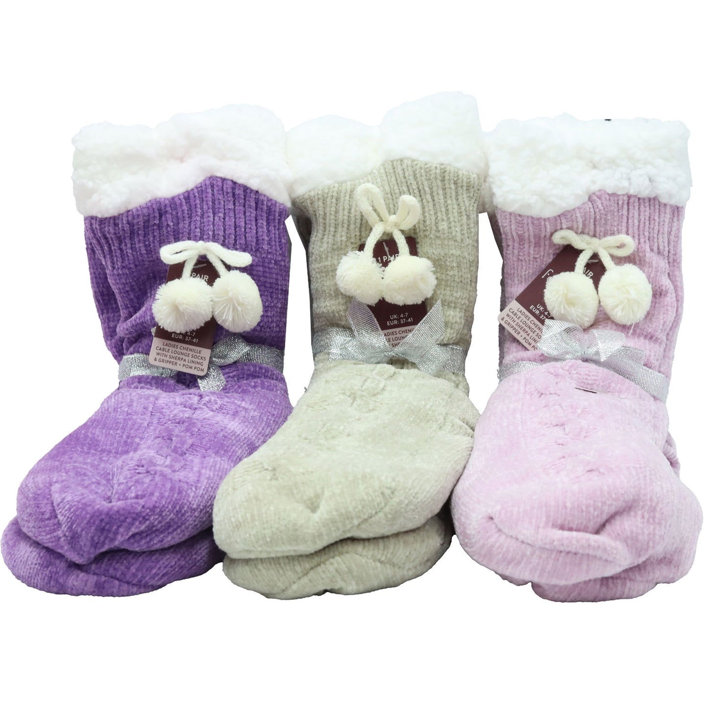 SLIPPER SOCKS LADIES CHENILLE CABLE SHERPA LINED Assorted colors