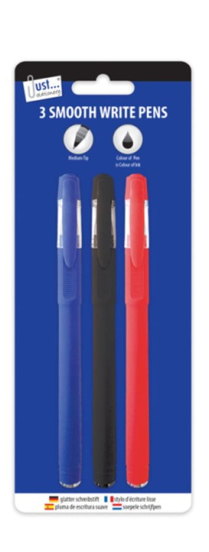 Stylos Just Stationery Smooth Write. Encre à faible viscosité pour une application fluide sur le papier. Disponible en Bleu, Noir et Bleu/Noir/Rouge.