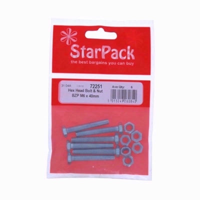 STARPACK HEX HEAD BOLT & NUT BZP M6x40mm