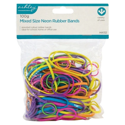 100G MIXED SIZE NEON RUBBER BANDS