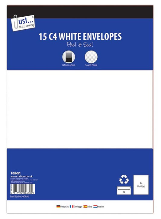 Enveloppes 15 x C4 Blanches, Bande adhésive, 80 g/m²