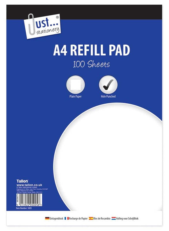 Bloc-notes Just Stationary A4, feuilles unies, 100 pages, reliure latérale
