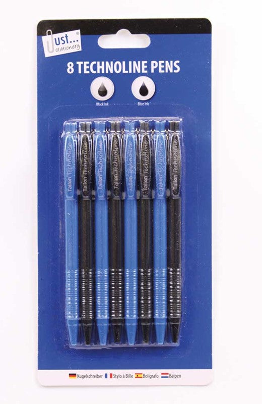 Technoline 8 Pens Black Blue Ink Smooth Comfortable Grip Quality Stationery Pack of 8