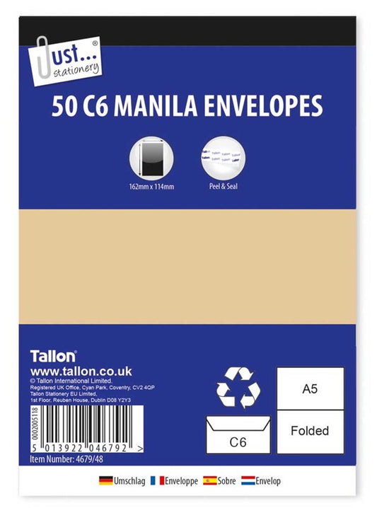 50 enveloppes C6 de couleur Manille, 80 g/m², avec bande de protection autocollante