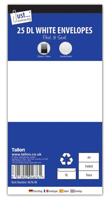 Enveloppes 25 x DL Blanches, Bande adhésive, 80 g/m²