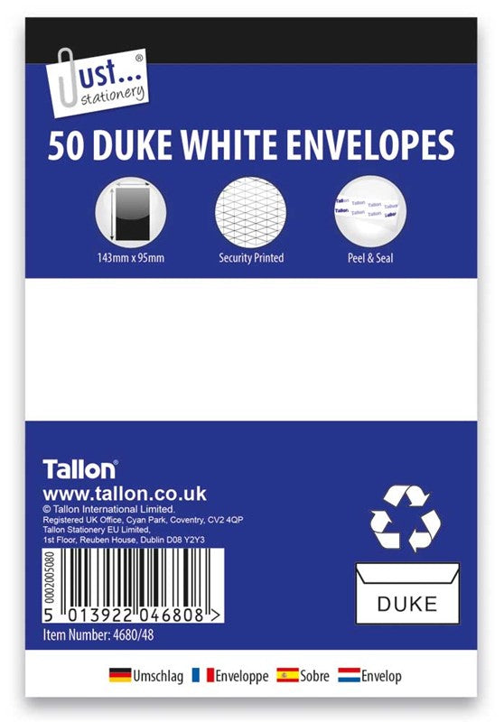 Enveloppes 50 x Duke blanches, bande autocollante, 80 g/m²
