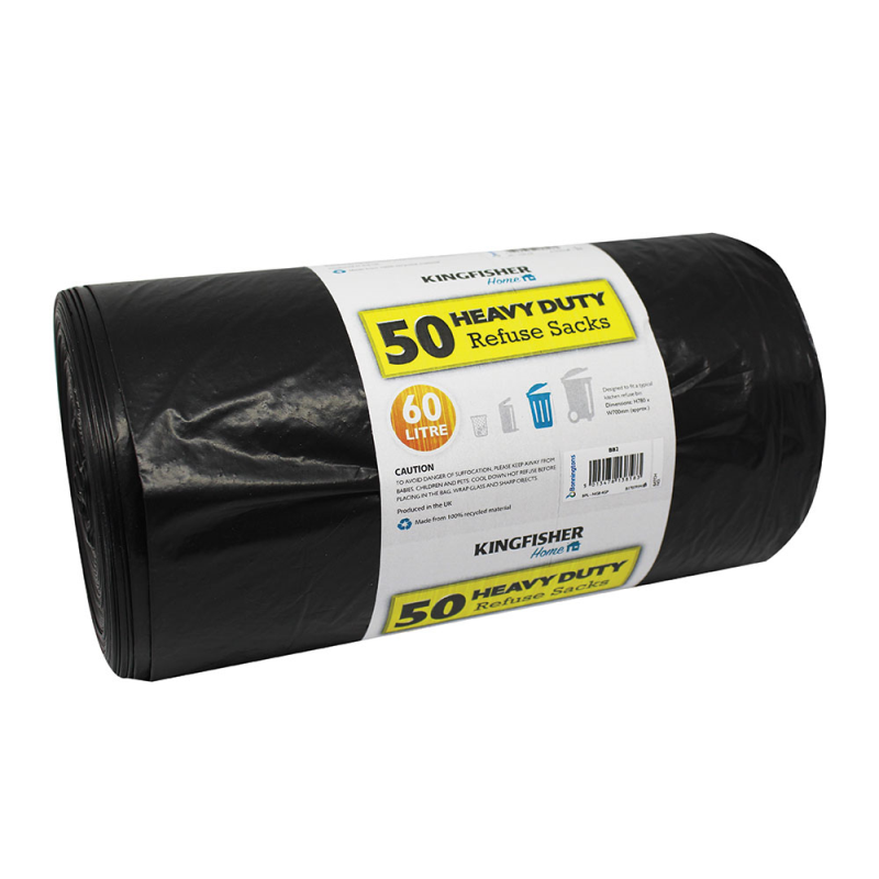 50 PACK OF HEAVY DUTY 60L BLACK REFUSE SACKS