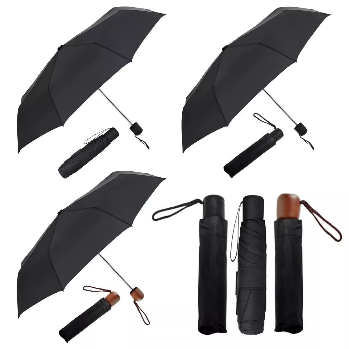 Parapluie Noir Coupe-vent Compact de Voyage Pliant Homme Femme Unisexe