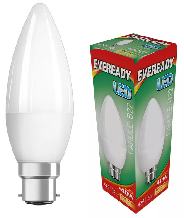 Eveready 6w (=40w) LED Candle Bulb - Bayonet Cap (BC) Warm White / 3000k