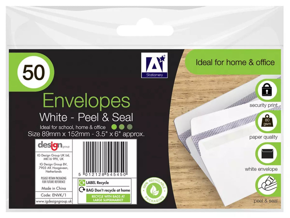 DL 40pk Envelopes with window white white Peel&Seal 110mm x 220mm 4.5"x8.5" approax