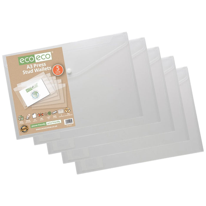 A3 Clear 100% Recyclable Press Stud Wallets Envelope Folders 5 Pack