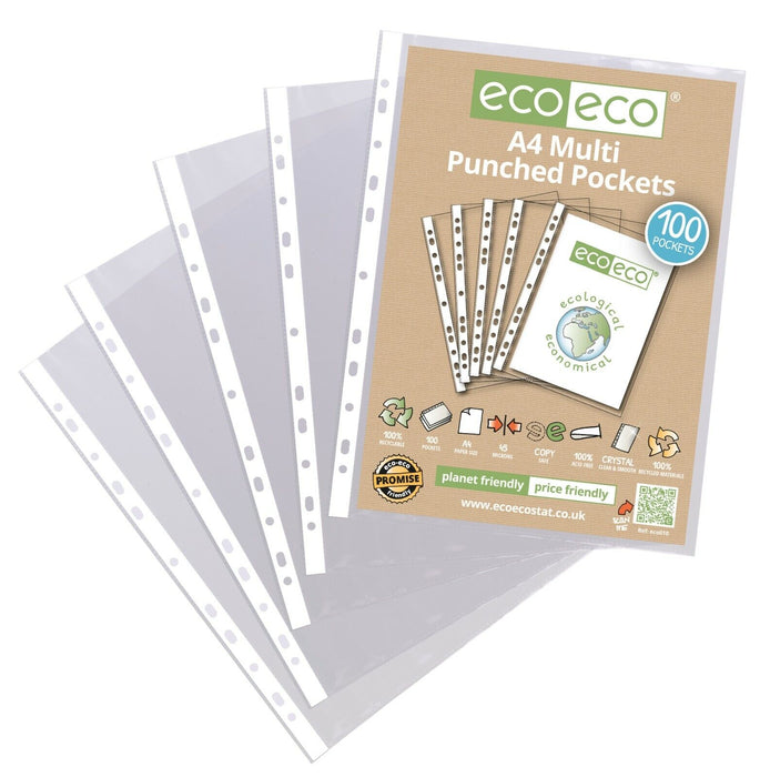 100 x eco-eco A4 100% Recycled Smooth Glass Clear Punched Plastic Pockets