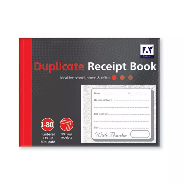 Duplicate Receipt Book - Carbon Paper Numbered Pages 1-80 Reciept 2 Sheets