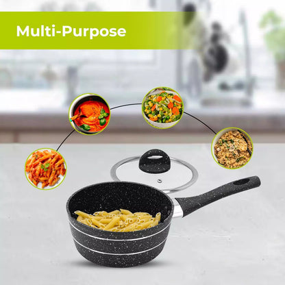 Casserole antiadhésive en aluminium avec revêtement en granit, compatible induction, avec couvercle, 16 cm
