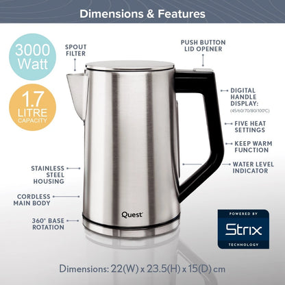 Quest Stainless Steel Fast Boil Kettle with Digital Display / 1.7L Capacity