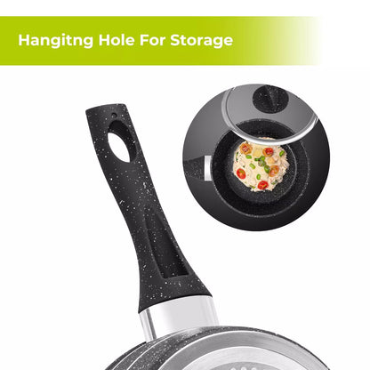 Casserole antiadhésive en aluminium avec revêtement en granit, compatible induction, avec couvercle, 16 cm