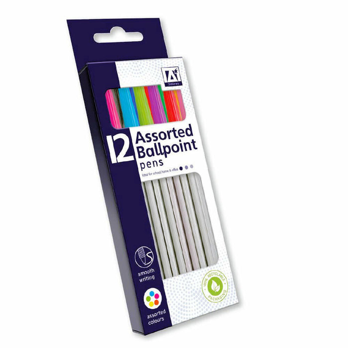 Ballpoint Pens - Assorted Bright Colour Smooth Writing Pen 12 Pack Biro Draw