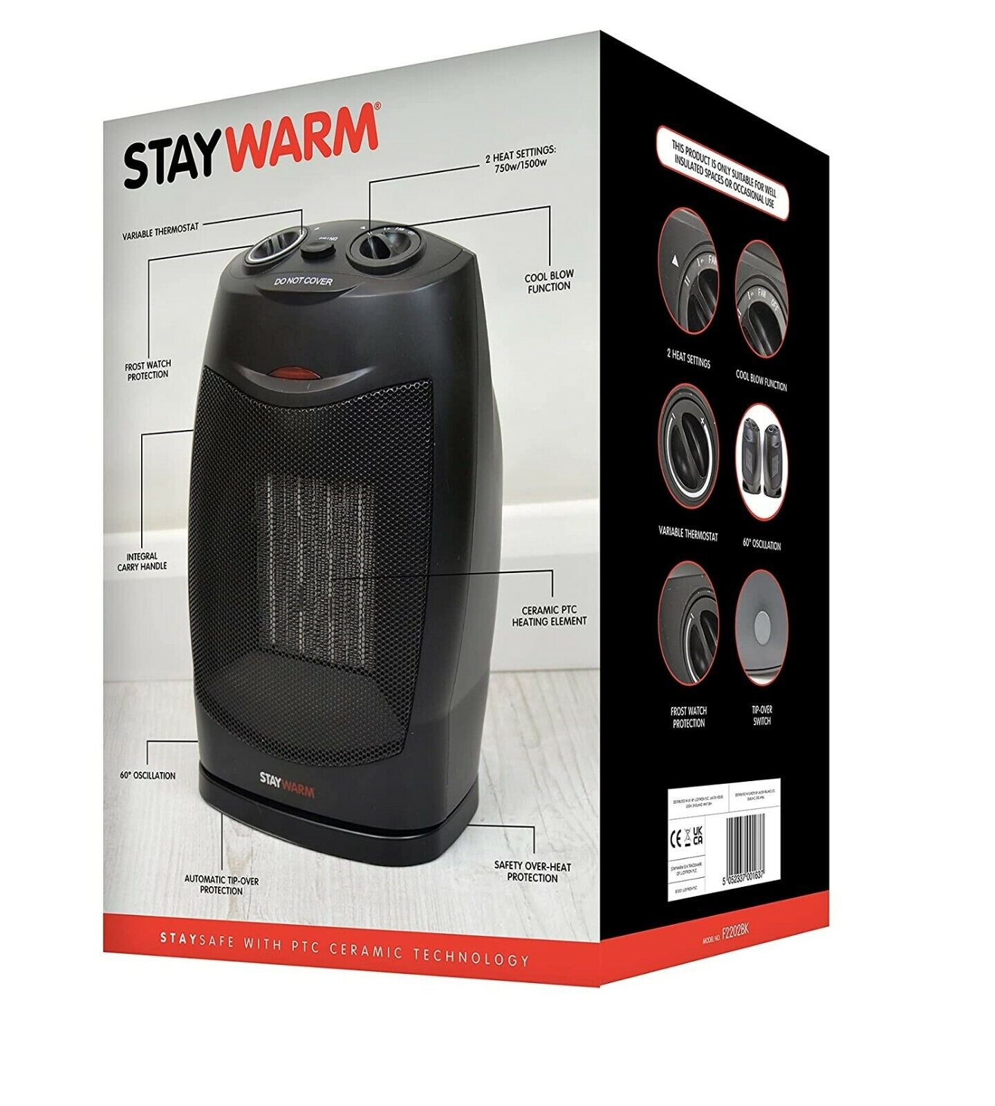 StayWarm 1500w Oscillating PTC Ceramic Fan Heater - Black